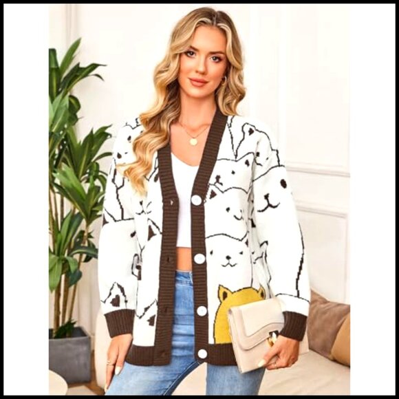 Oversized Chunky Knit Cardigan with Cat Print, V-Neck, Button Front - Picture 2 of 7